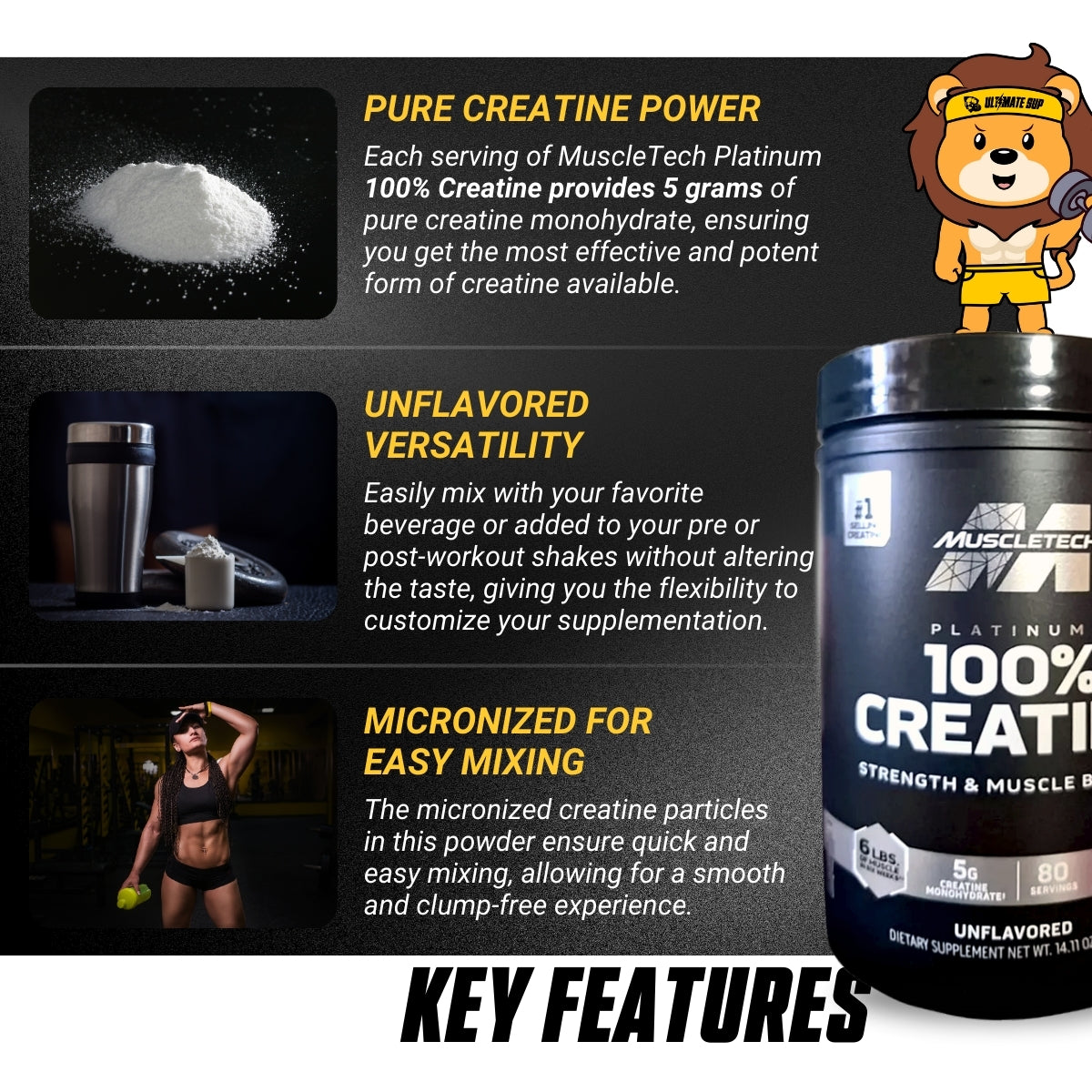 Muscletech, Essential Series, Platinum 100% Creatine, 400g, Unflavored - Ultimate Sup Singapore