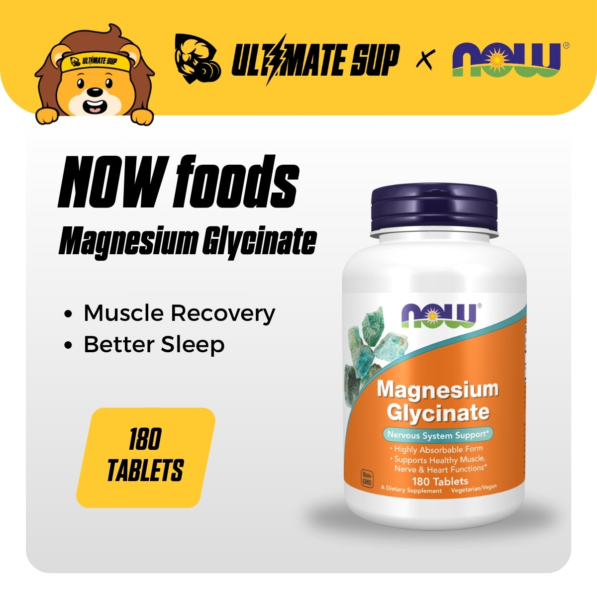 NOW Foods, Magnesium Glycinate, 180 Tablets - Ultimate Sup Singapore