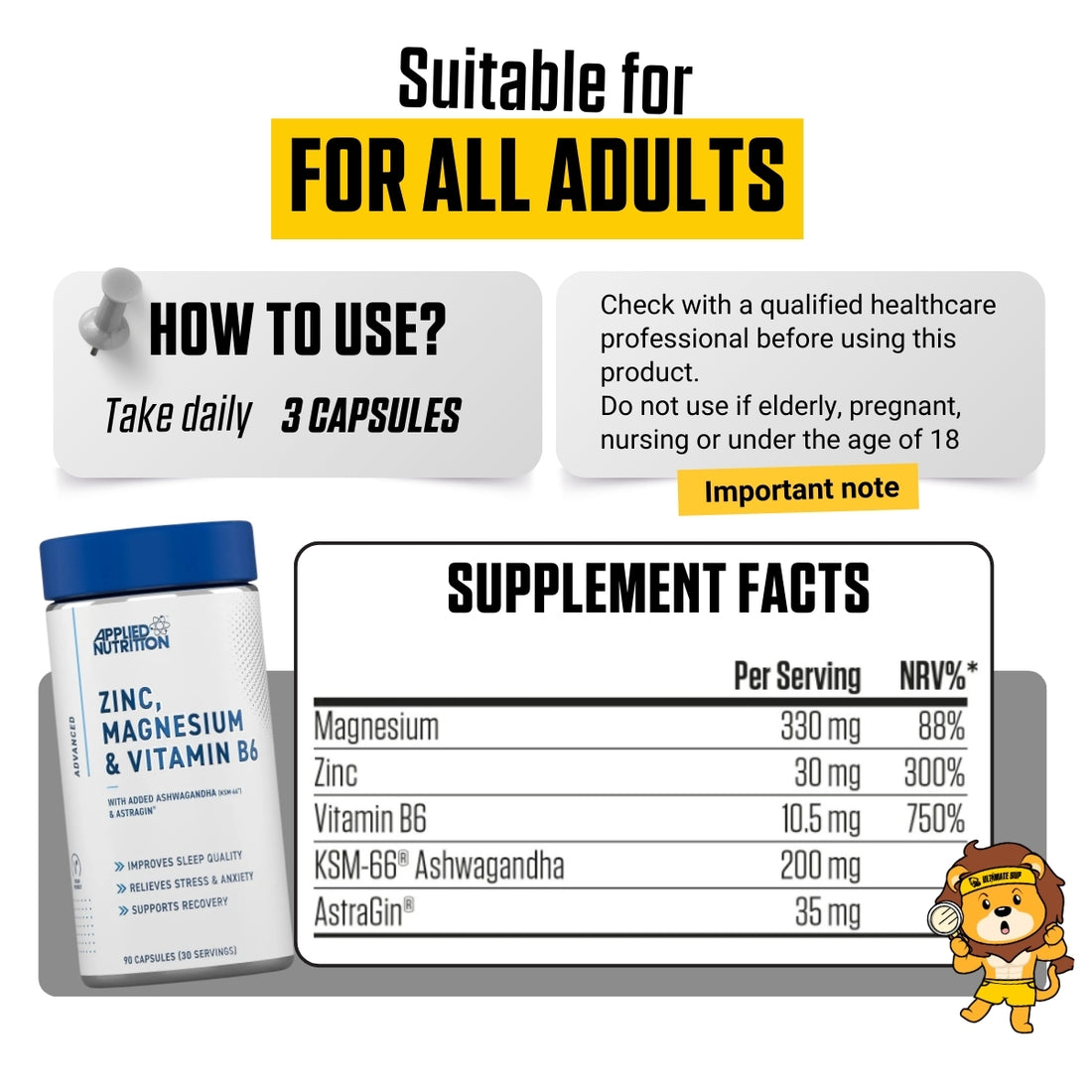 Applied Nutrition ZMA supplement bottle with text on a yellow background