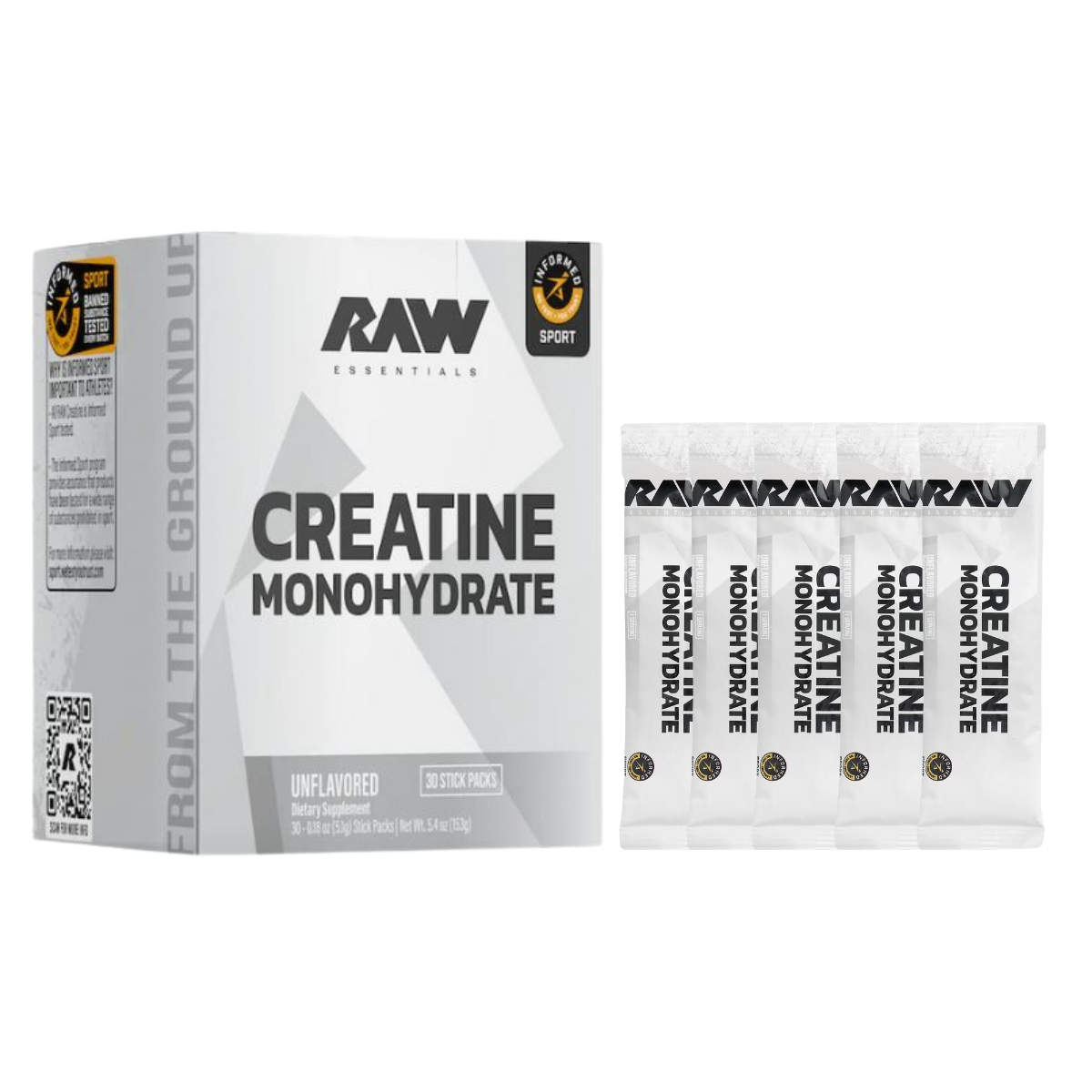 Raw Nutrition, Essentials, Creatine Monohydrate, Unflavored, 30 Stick Packs, 0.18 oz (5.1g) Each - Ultimate Sup Singapore