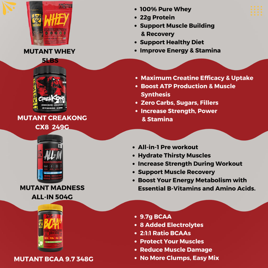 Combo MUSCLE & STRENGTH STACK, Mutant Whey 5lb + Creakong 300g + Mutant BCAA 9.7+ Mutant Madness 504g, Increase Strength - Ultimate Sup Singapore