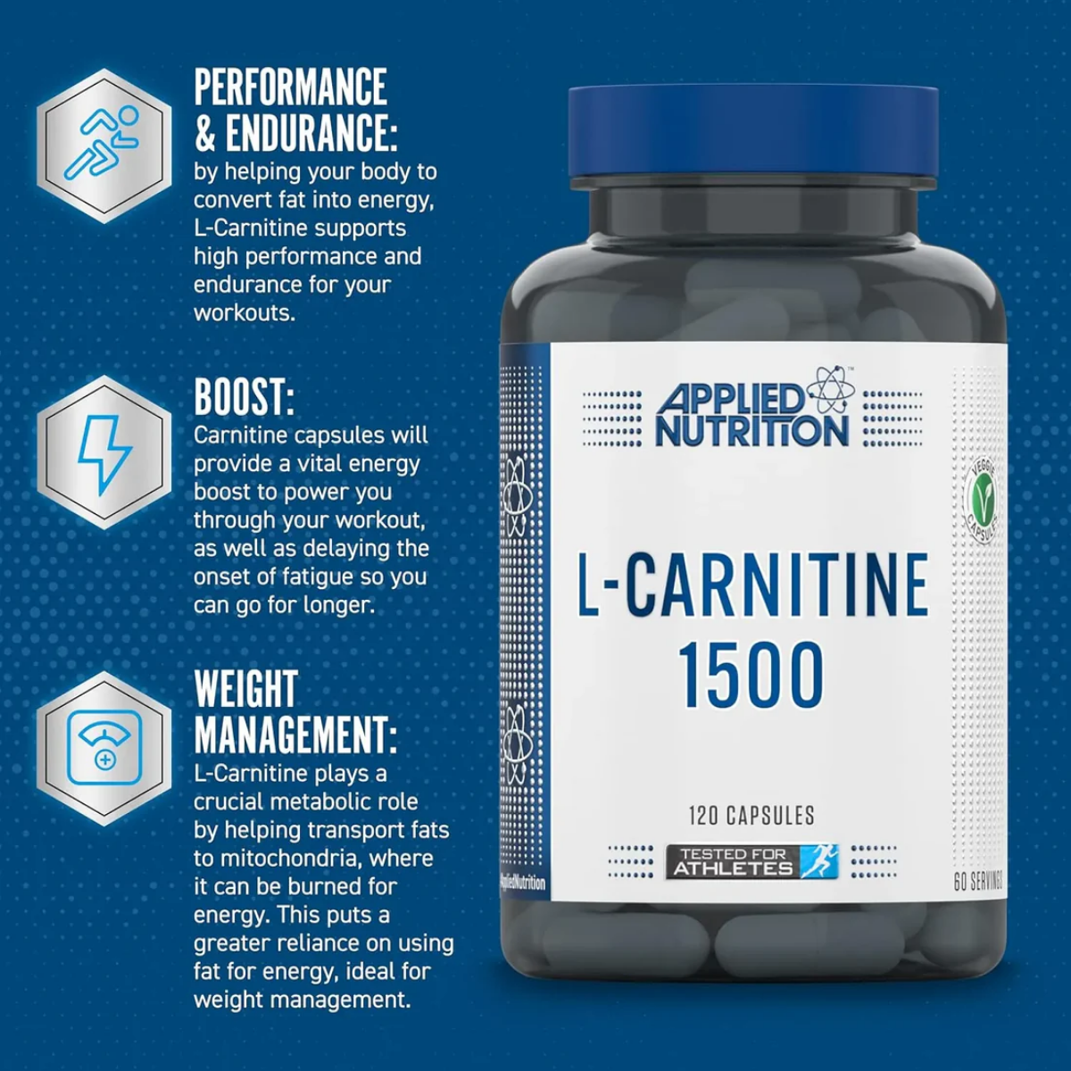 Applied Nutrition L-Carnitine 1500 supplement bottle with blue label on a blue background