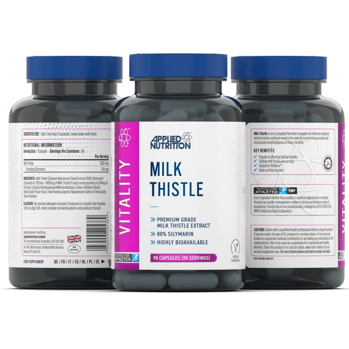 Three bottles of Applied Nutrition Milk Thistle supplement on a white background