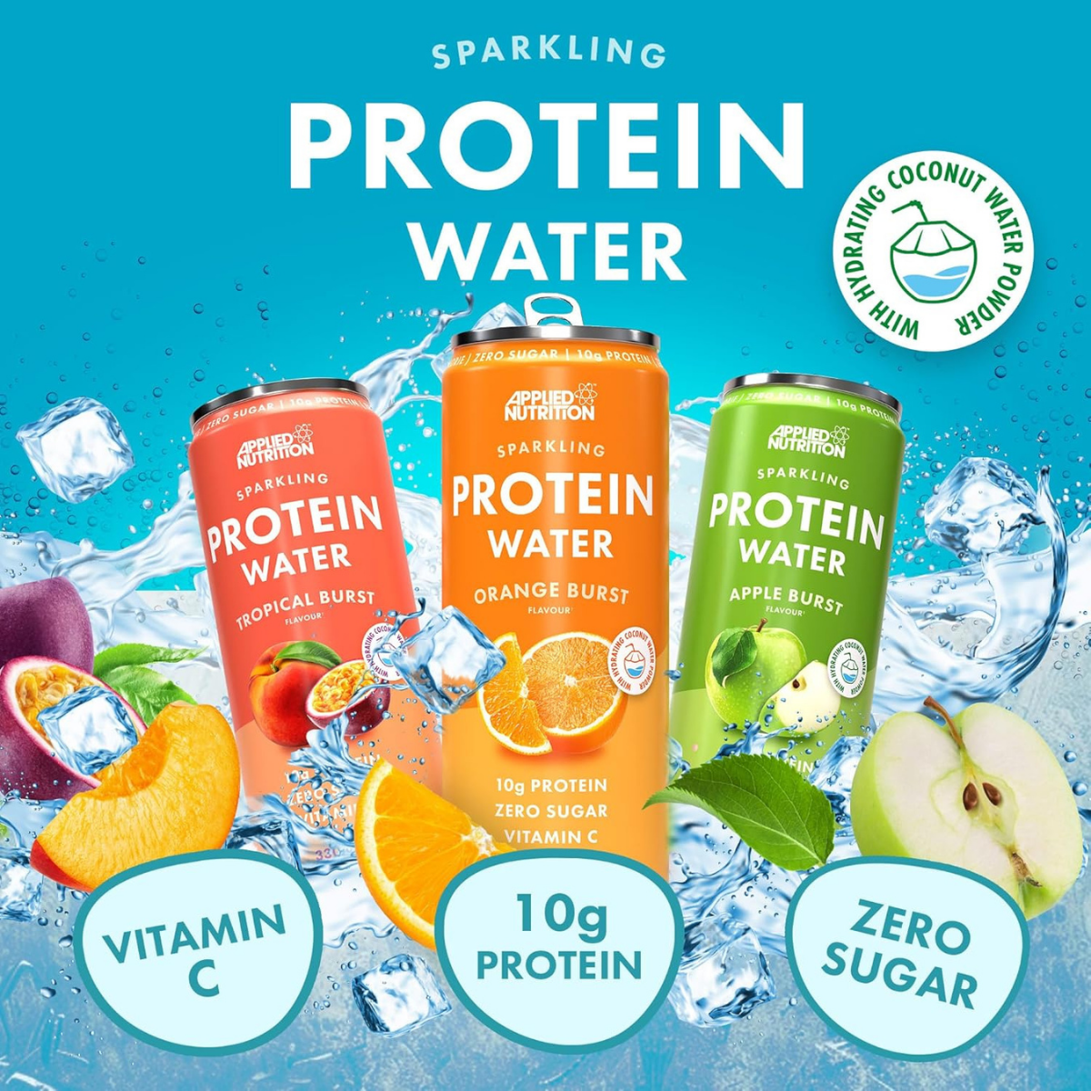Three cans of Sparkling Protein Water with colorful labels on a blue background with ice and fruit.