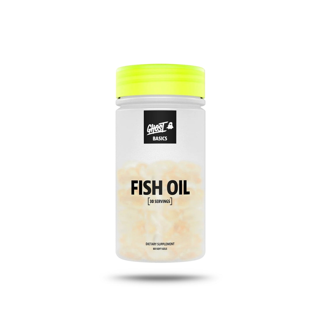Ghost Fish Oil supplement container with label on a yellow background
