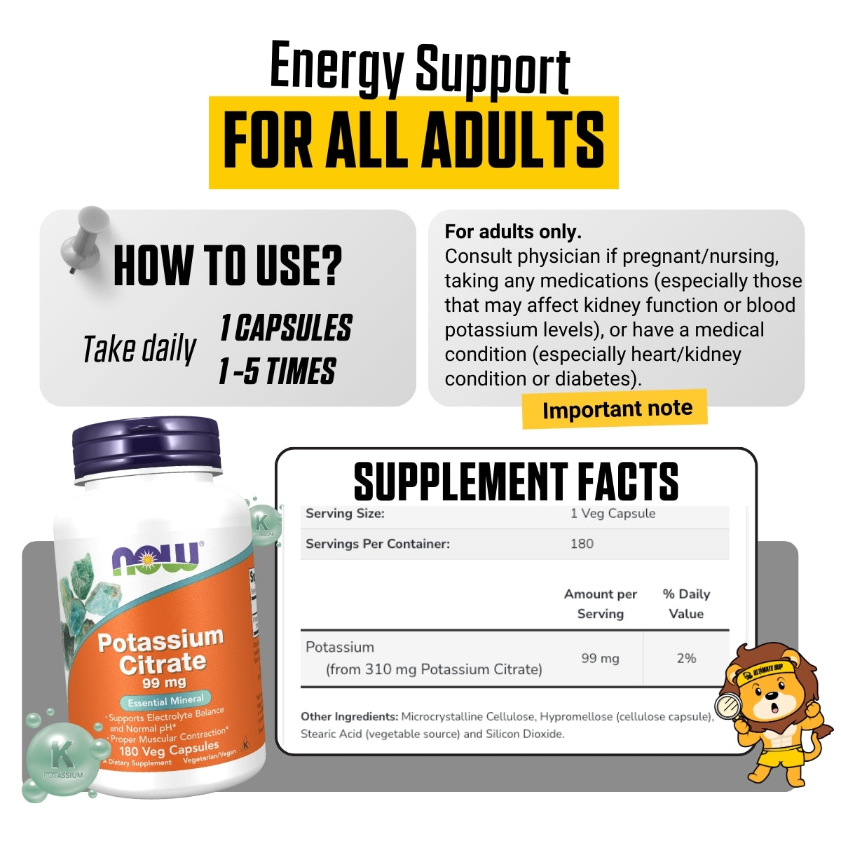 Now Foods, Potassium Citrate, Hydration & Electrolyte Support, pH Balance, 180 Veg Caps