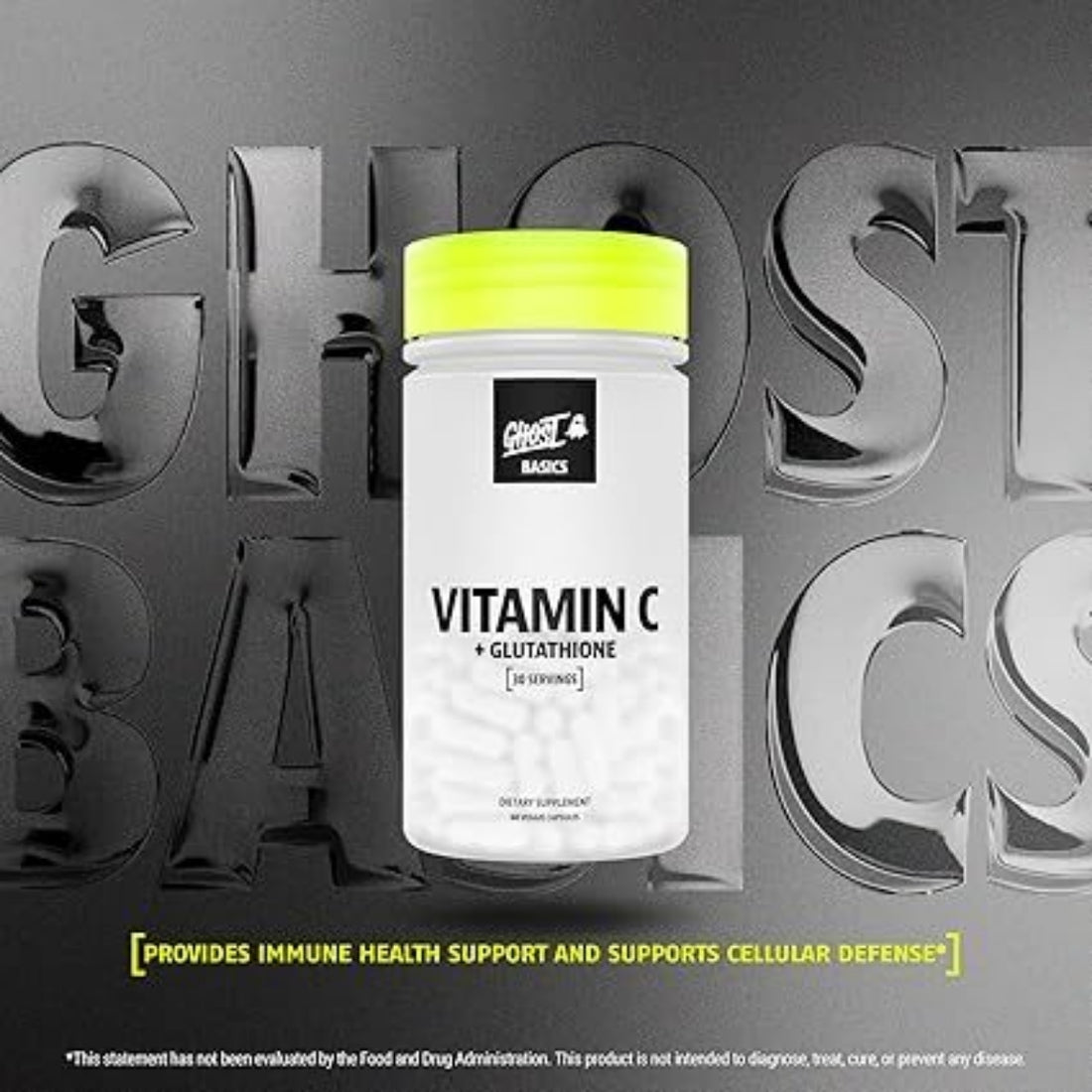 Ghost Basics Vitamin C + Glutathione supplement container on a dark background with brand name.