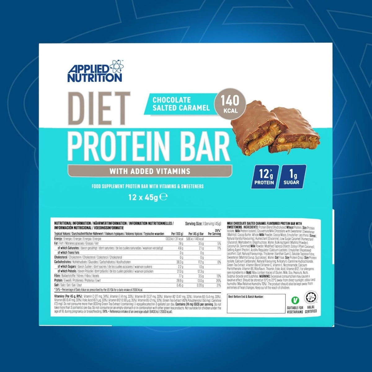 Applied Nutrition Diet Protein Bar packaging on a blue background