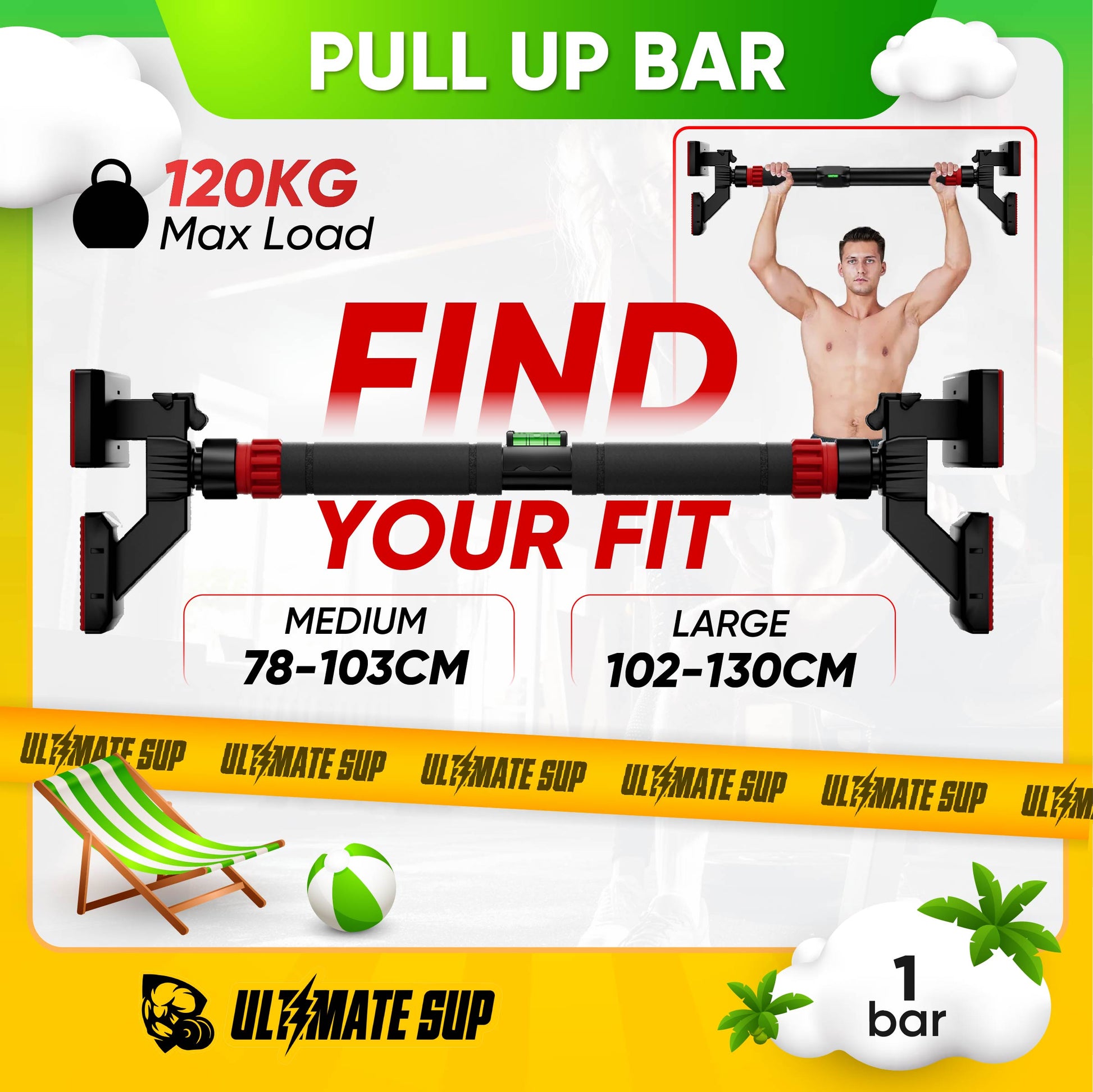 UltimateSup, Wall Mounted Pull Up Bars, 73-135 cm - Ultimate Sup Singapore