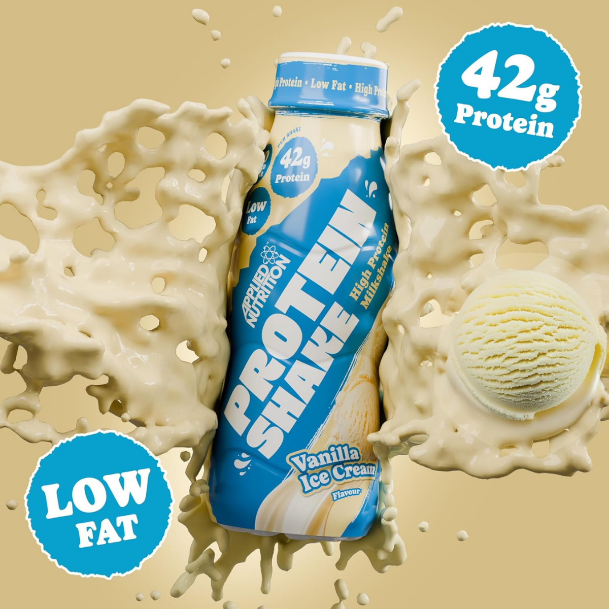 Protein shake bottle with vanilla ice cream flavor, surrounded by ice cream and protein powder on a beige background.