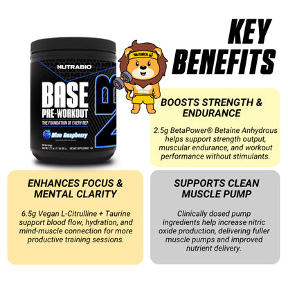NutraBio Base Pre-Workout Powder, Mental Focus & Energy, Muscle Pumps, Various Flavors, 30 Sers