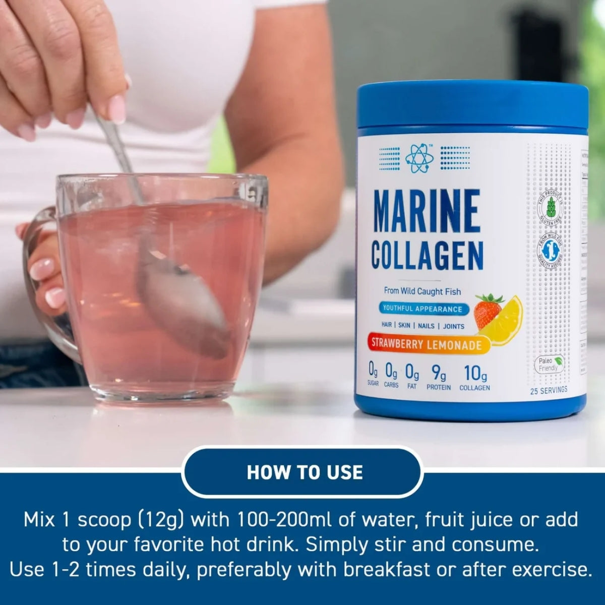 Marine collagen supplement container with a glass of pink drink and text on how to use.