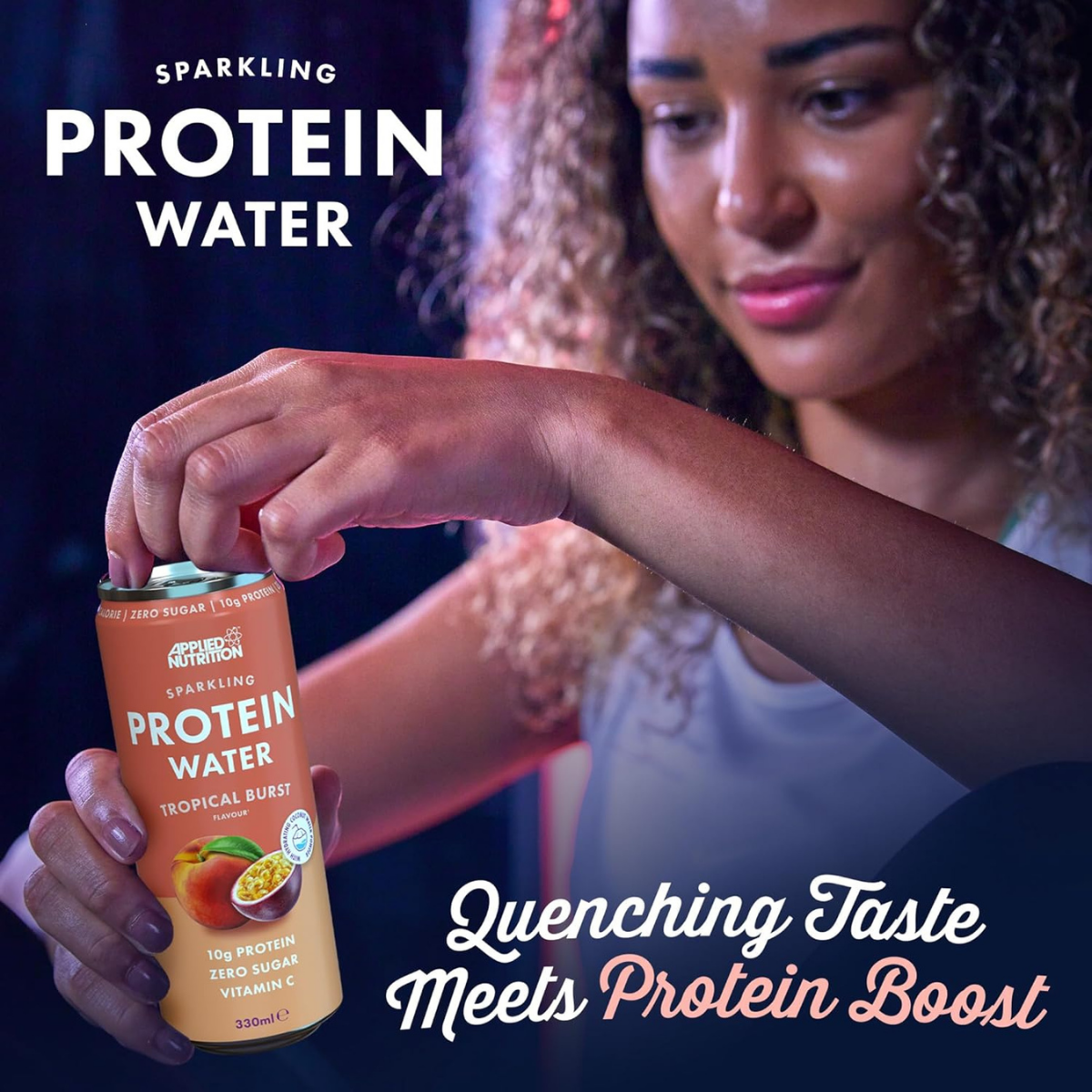 Person holding a can of sparkling protein water with promotional text.