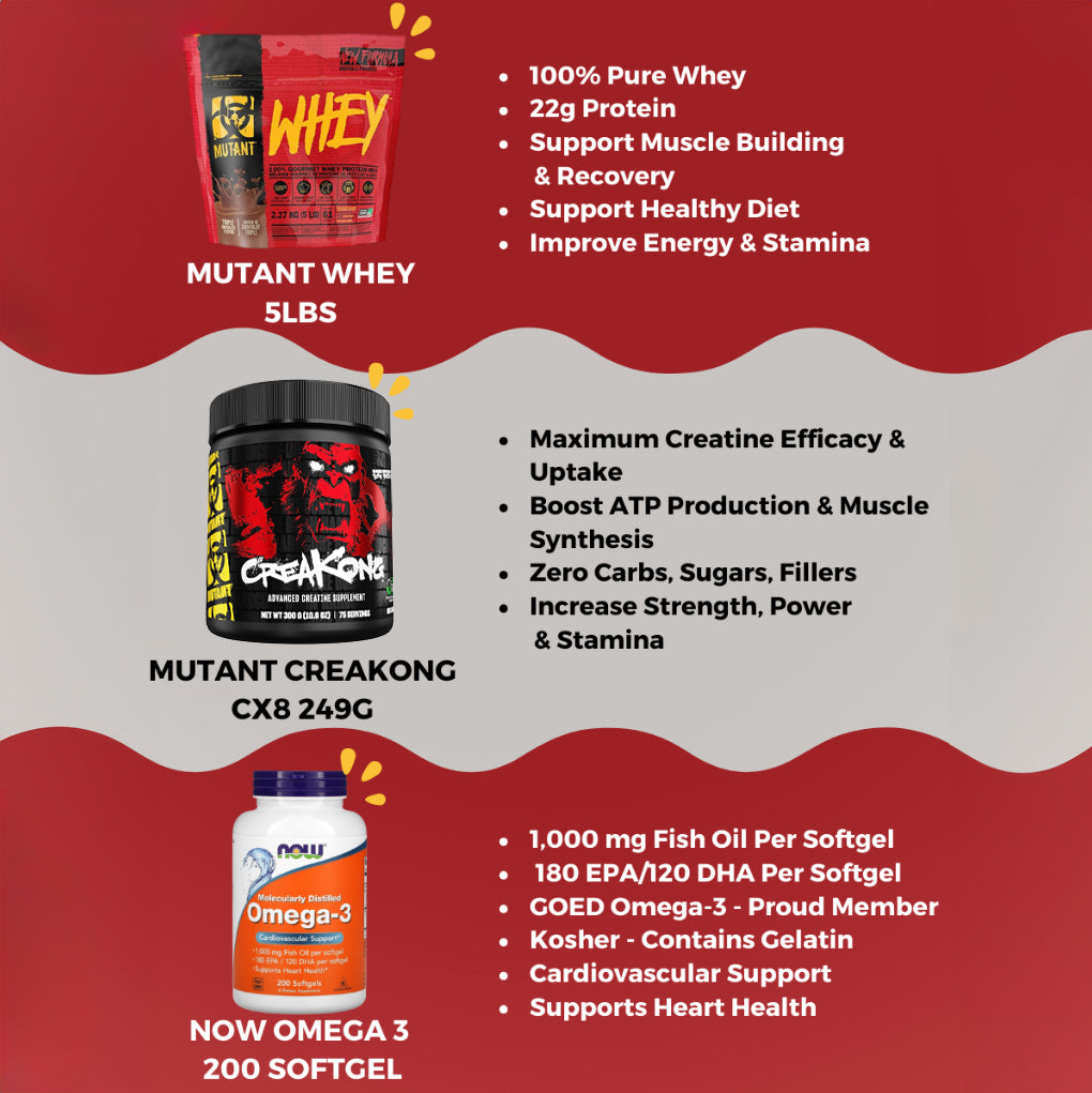 Combo NEWBIE STACK, Mutant Whey 5lb + CreaKong 300g + Omega 3 200s, Build Muscle & Muscle Recovery, Increase Strength - Ultimate Sup Singapore