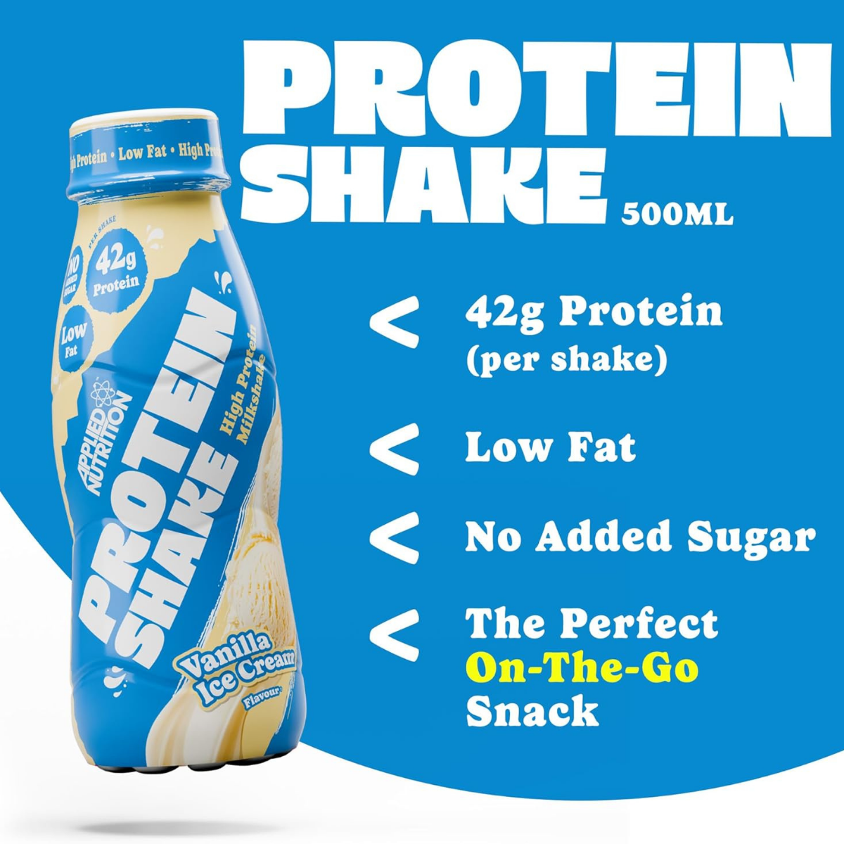 Protein shake bottle with nutritional information on a blue background