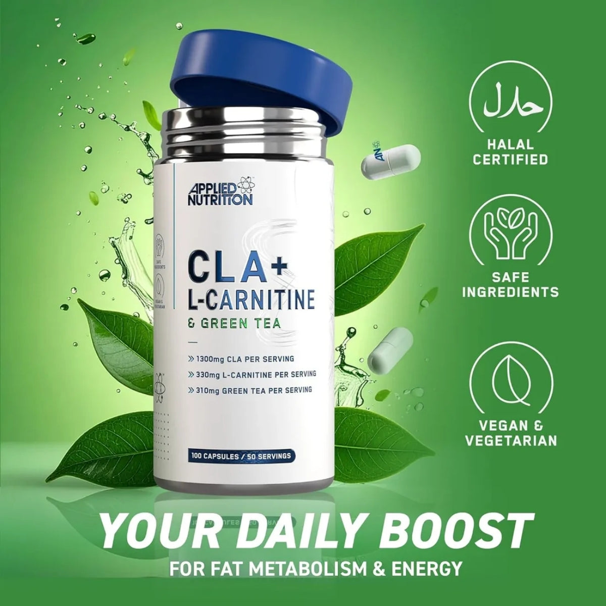 Applied Nutrition, CLA + L-Carnitine & Green Tea, Metabolism & Energy Support, 100 Capsules