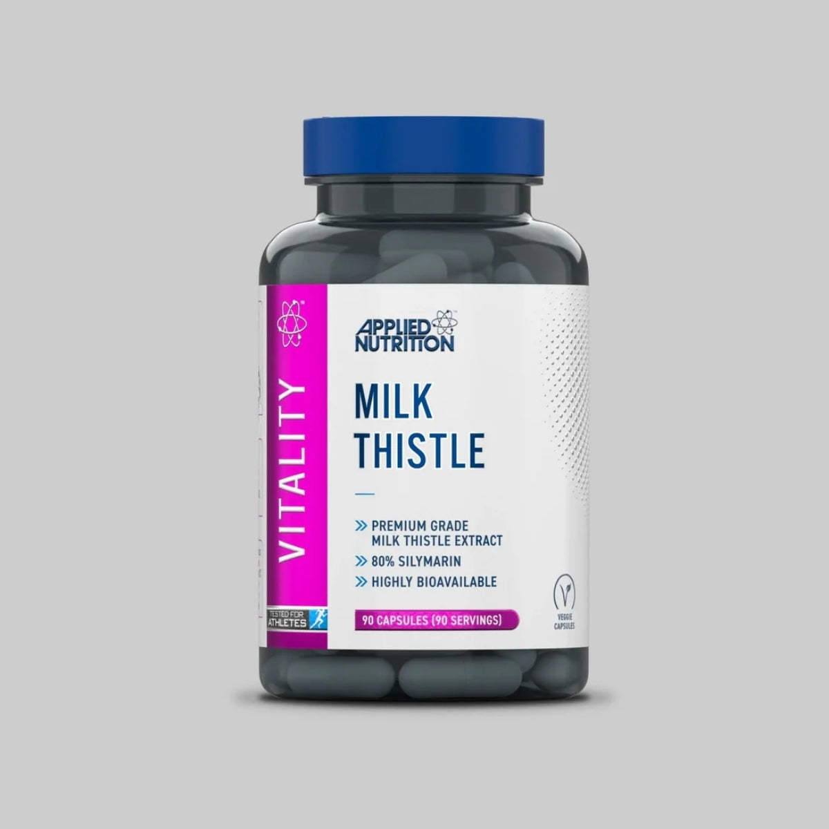 Bottle of Applied Nutrition Milk Thistle supplement on a gray background