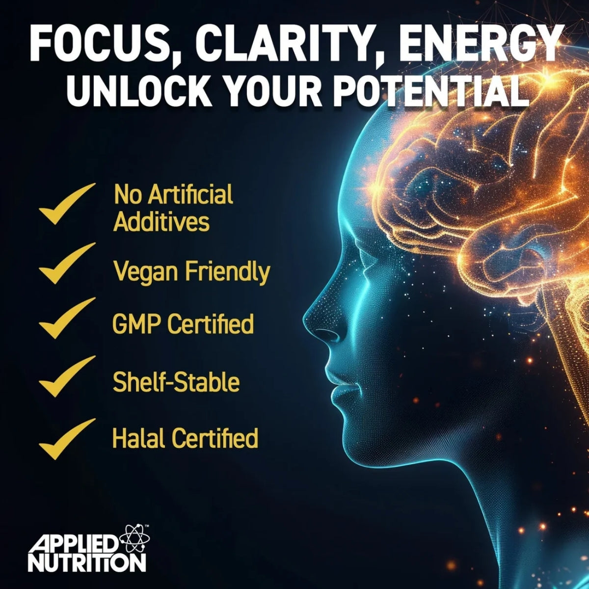 Promotional graphic for Applied Nutrition with a stylized brain and certification details on a dark background.