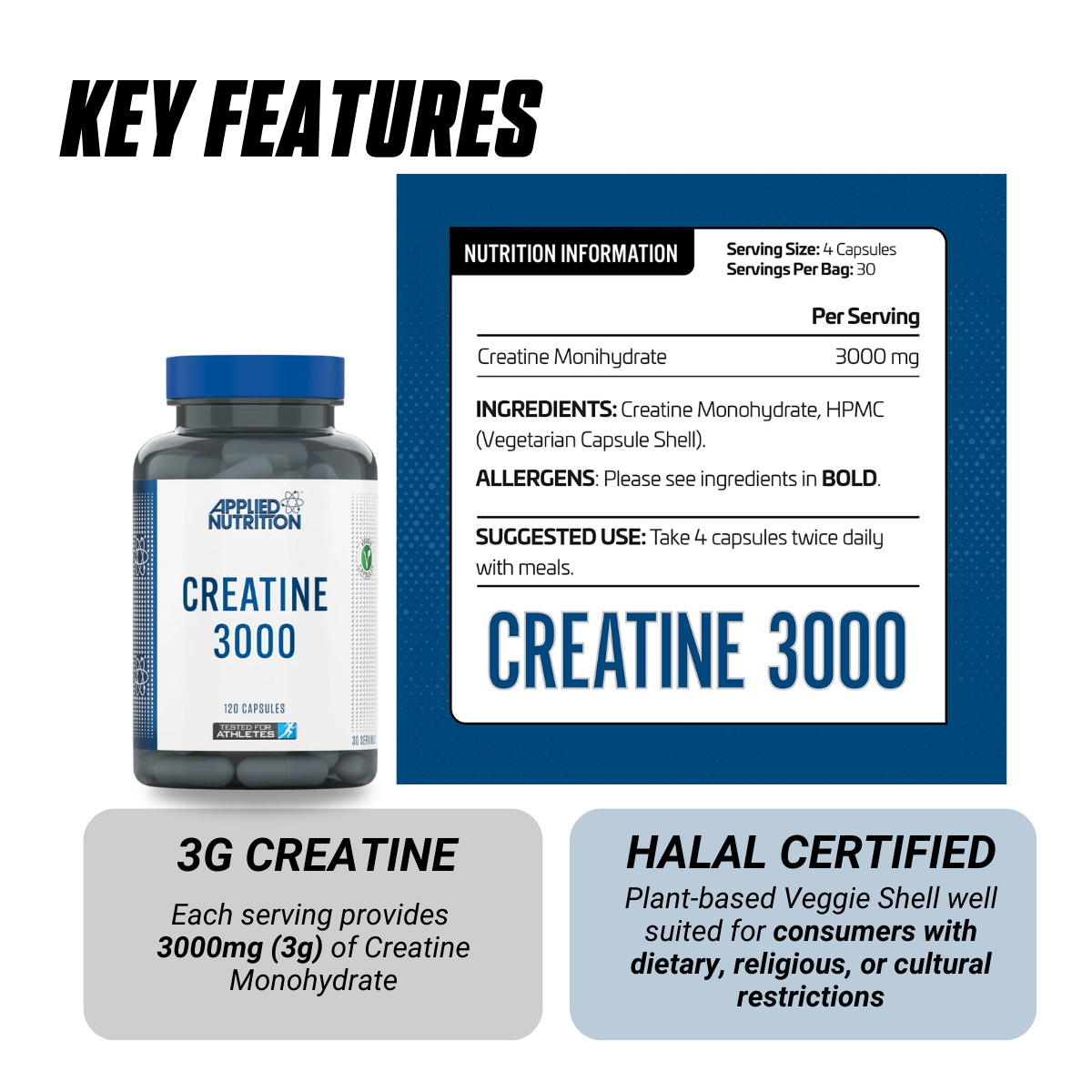 Applied Nutrition, Halal Creatine 3000, Creatine Monohydrate, Increase Performance 30 servings - Ultimate Sup Singapore