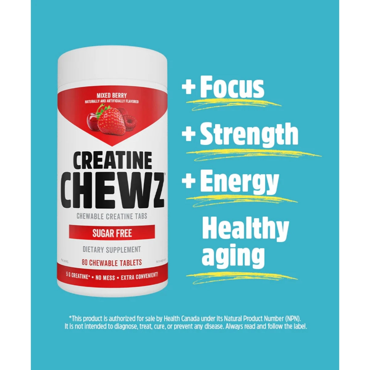 Creatine Chewz supplement bottle with benefits listed on a blue background