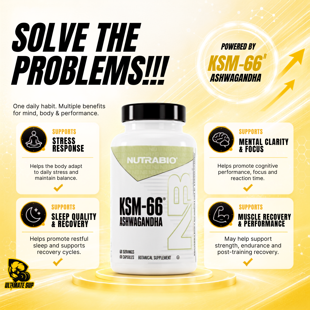 NUTRABIO KSM-66 Ashwagandha 600mg Stress Balance & Recovery Support 60 - 90 Capsules