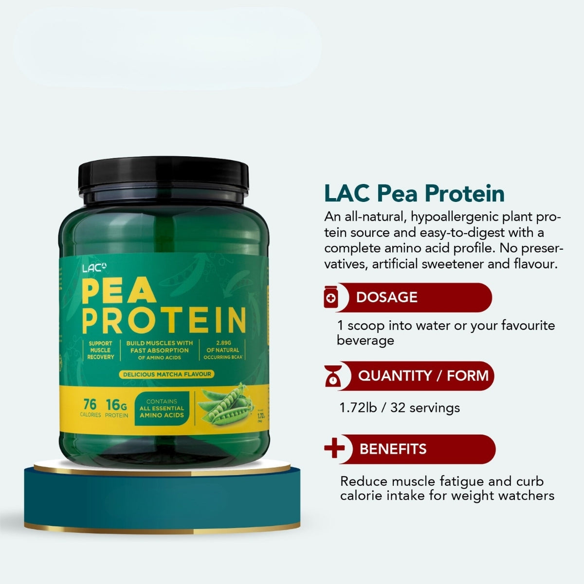 LAC Pea Protein container with product details on a white background