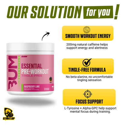 RAW Nutrition Essential Tingle-Free Pre-Workout Powder 200mg Caffeine, No Beta-Alanine, Energy Focus Pump 30 servings