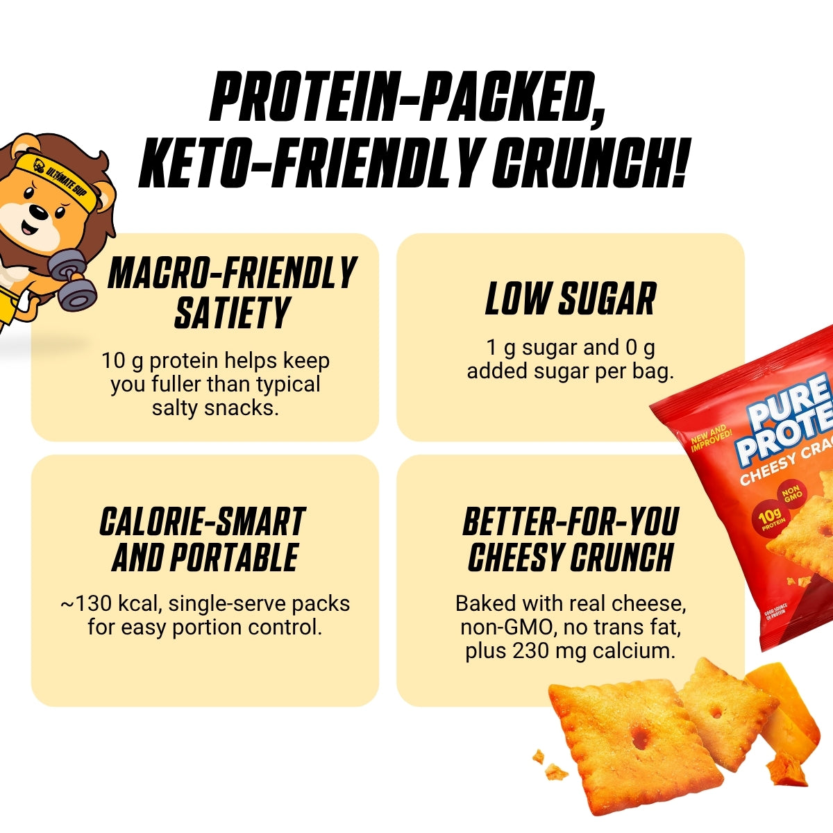 Pure Protein Cheddar Cheesy Crackers, 10g Protein, Low Sugar, Real Cheese, No Trans Fat, Non-GMO, 12 Bags - Ultimate Sup Singapore