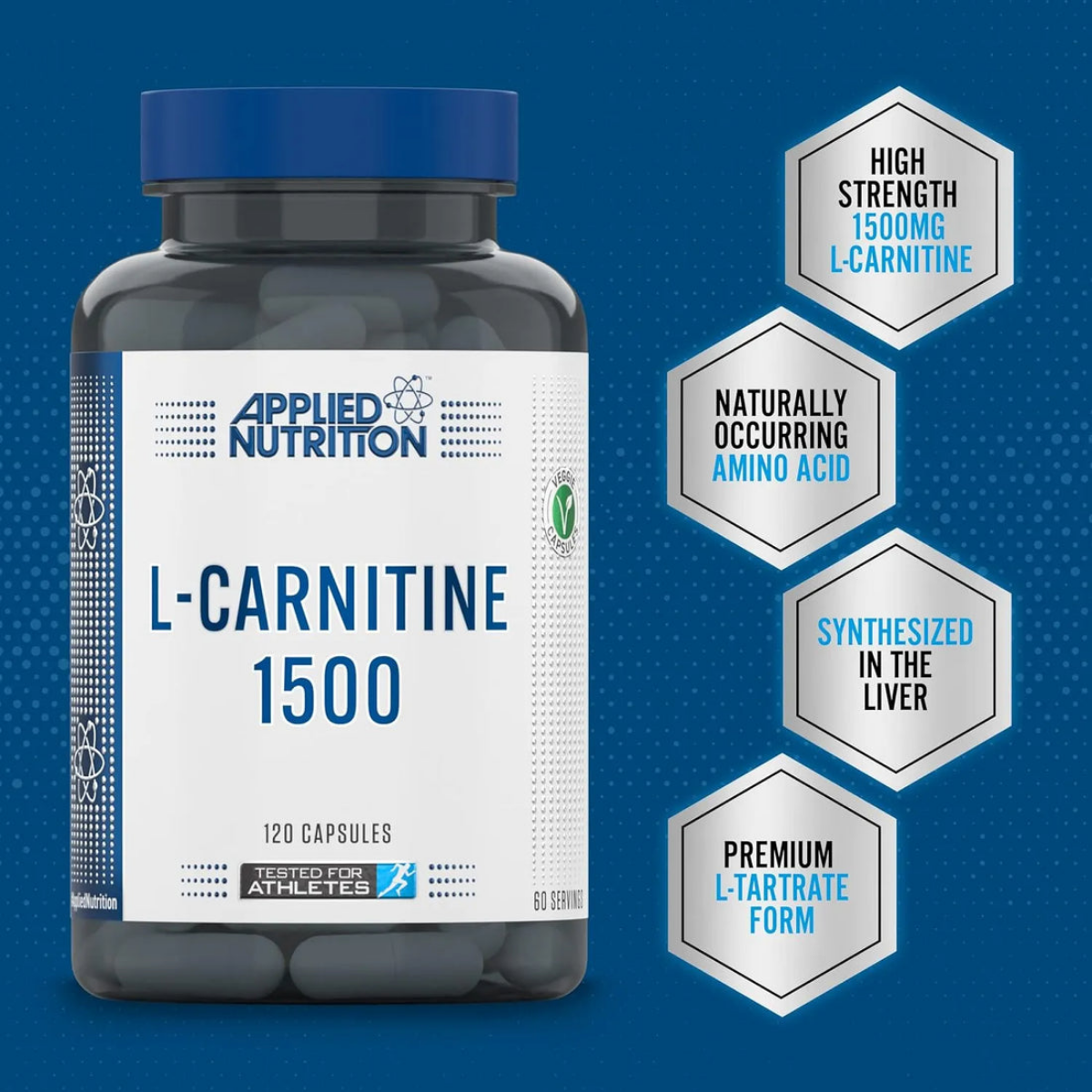 Bottle of Applied Nutrition L-Carnitine 1500 supplement on a blue background with product features displayed.
