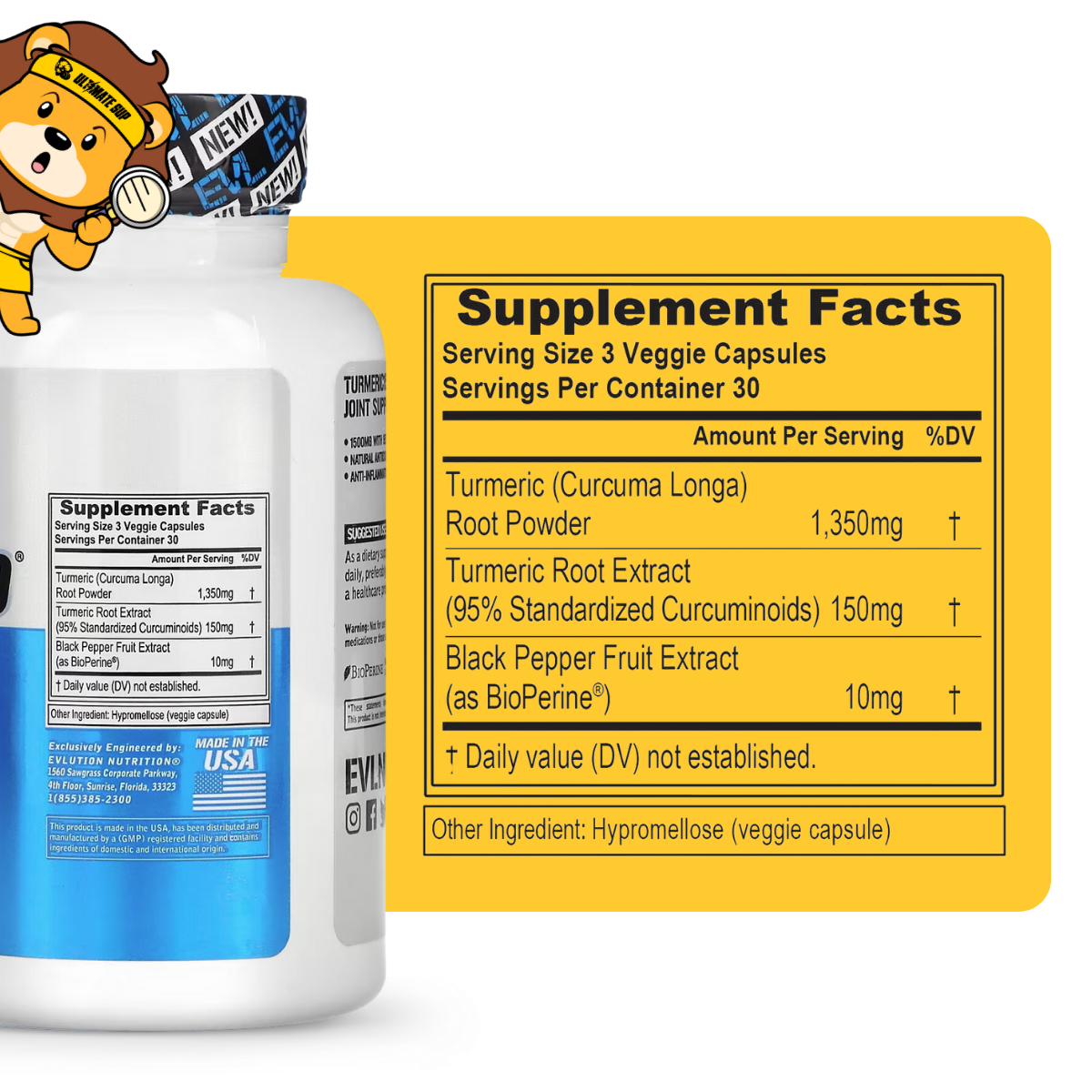 EVLution Nutrition, Turmeric1500 Turmeric Curcumin with Bioperine, F