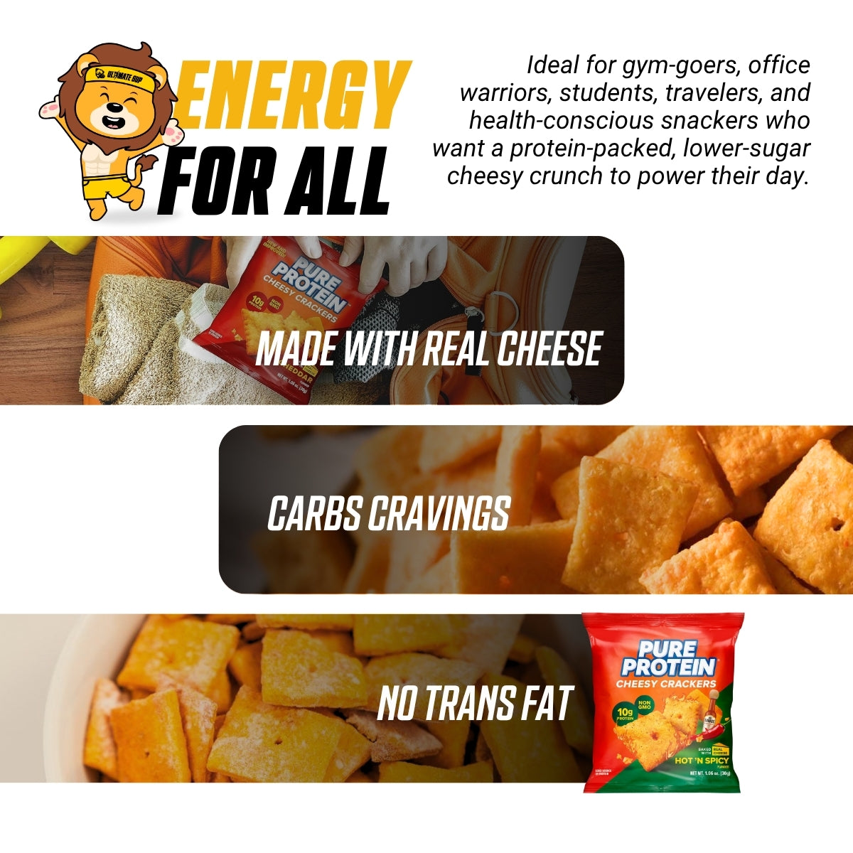 Pure Protein Cheddar Cheesy Crackers, 10g Protein, Low Sugar, Real Cheese, No Trans Fat, Non-GMO, 12 Bags - Ultimate Sup Singapore