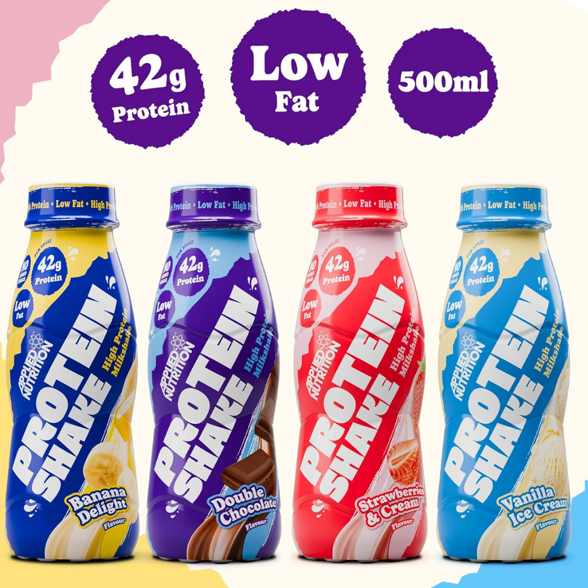 Four bottles of protein shake with different flavors and nutritional information on a colorful background.