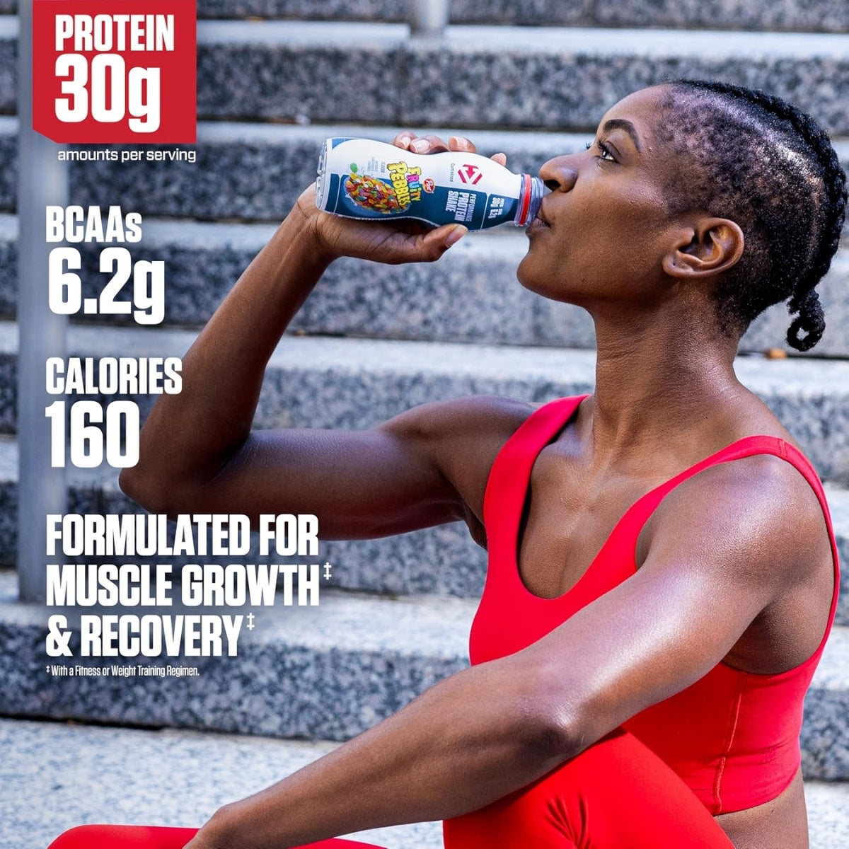 Woman in red athletic outfit drinking a protein shake with nutritional information displayed.