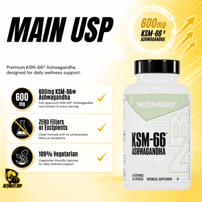 NUTRABIO KSM-66 Ashwagandha 600mg Stress Balance & Recovery Support 60 - 90 Capsules