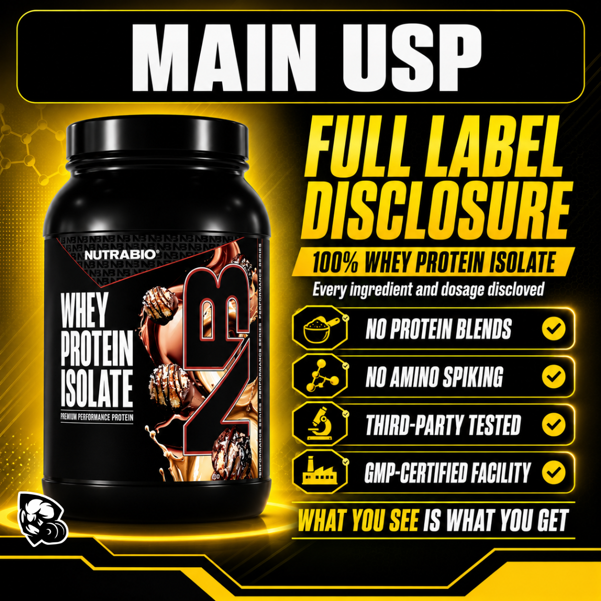 NUTRABIO Whey Protein Isolate Full Label Disclosure Muscle Recovery Protein Powder 2Lb 5Lb