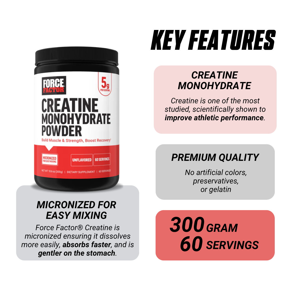 Force Factor Creatine Monohydrate Micronized Powder, Support Cognitive Health, Memory, Muscle Growth Unflavored 60 ser - Ultimate Sup Singapore