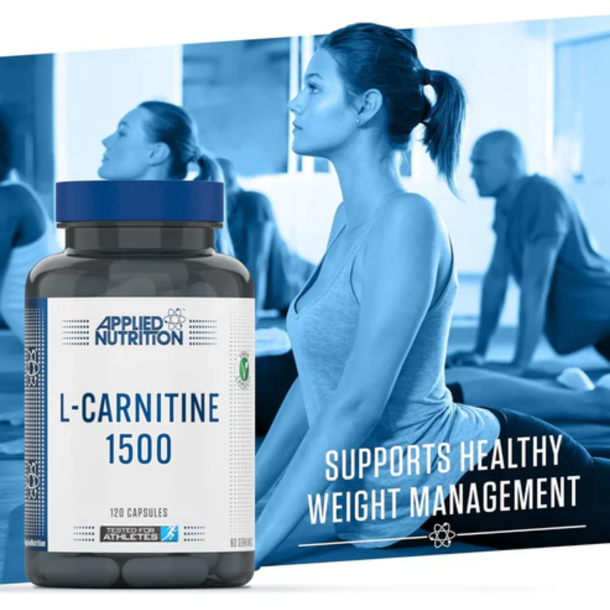 Bottle of Applied Nutrition L-Carnitine 1500 supplement with a blurred gym background