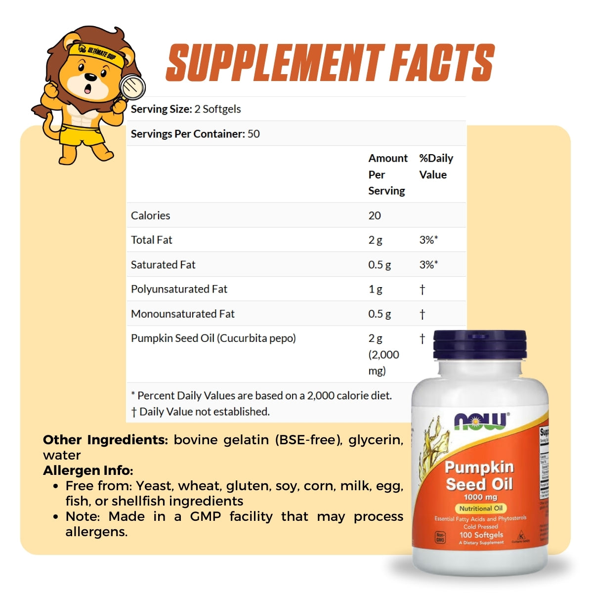 NOW Foods, Pumpkin Seed Oil, 1,000 mg, 100 Softgels (500 mg per Softgel) - Ultimate Sup Singapore