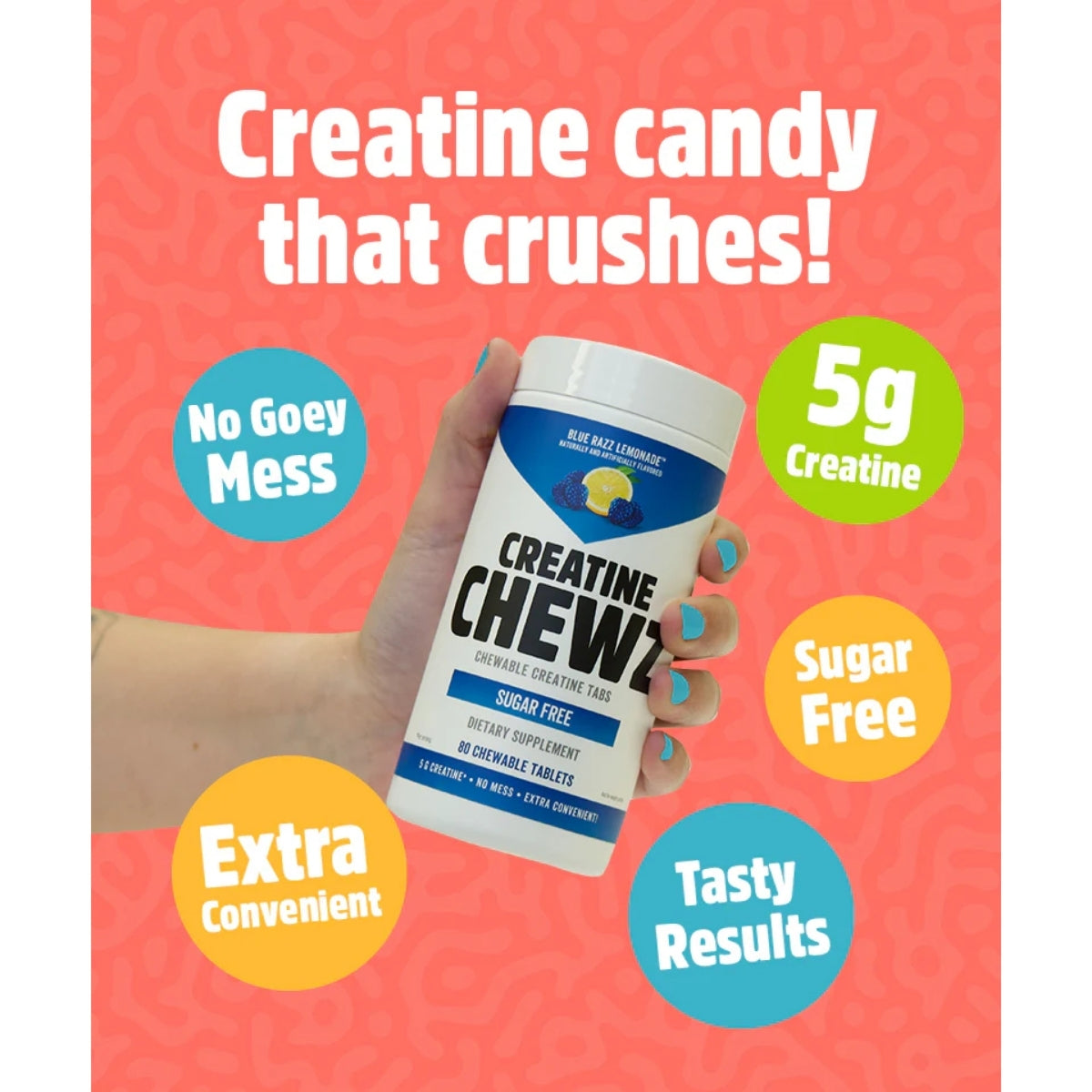 Creatine supplement container with promotional text on a pink background