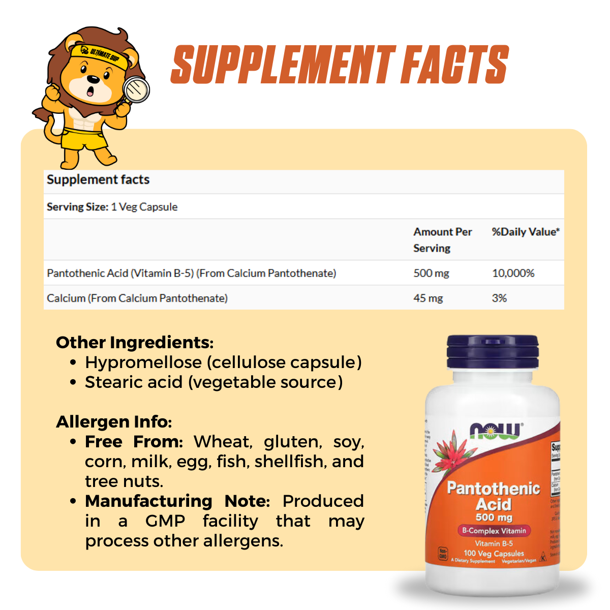 NOW Foods, Pantothenic Acid, 500 mg, 100 Veg Capsules - Ultimate Sup Singapore