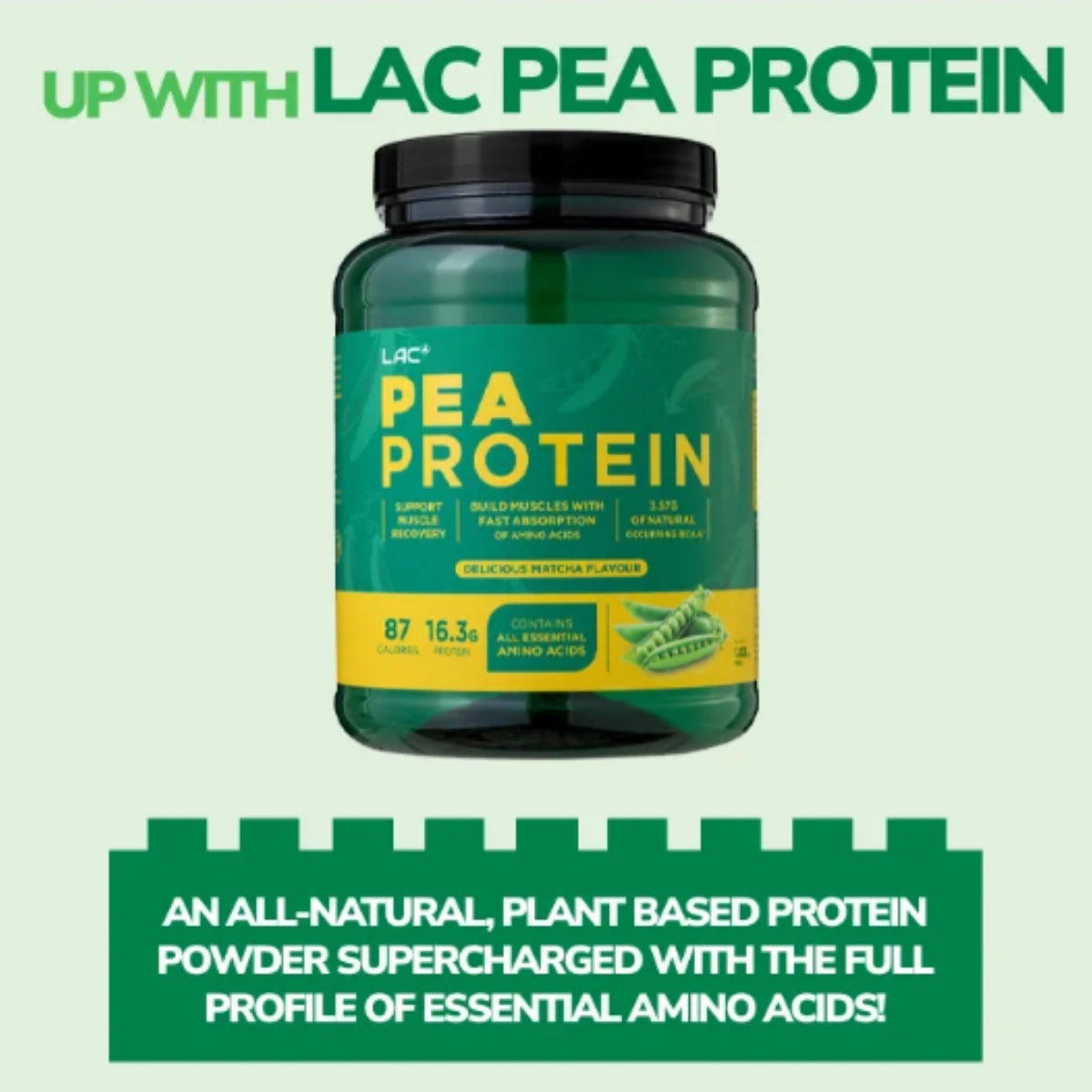 LAC Pea Protein supplement container with green and yellow design on a light green background