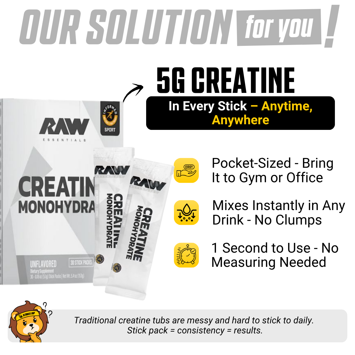 Raw Nutrition, Essentials, Creatine Monohydrate, Unflavored, 30 Stick Packs, 0.18 oz (5.1g) Each - Ultimate Sup Singapore
