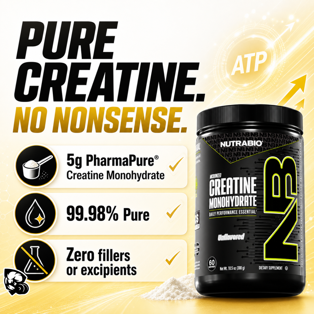 NutraBio, Monohydrate Creatine Powder, Micronized for Fast Absorption and Maxizimes Muscle, 150-500g