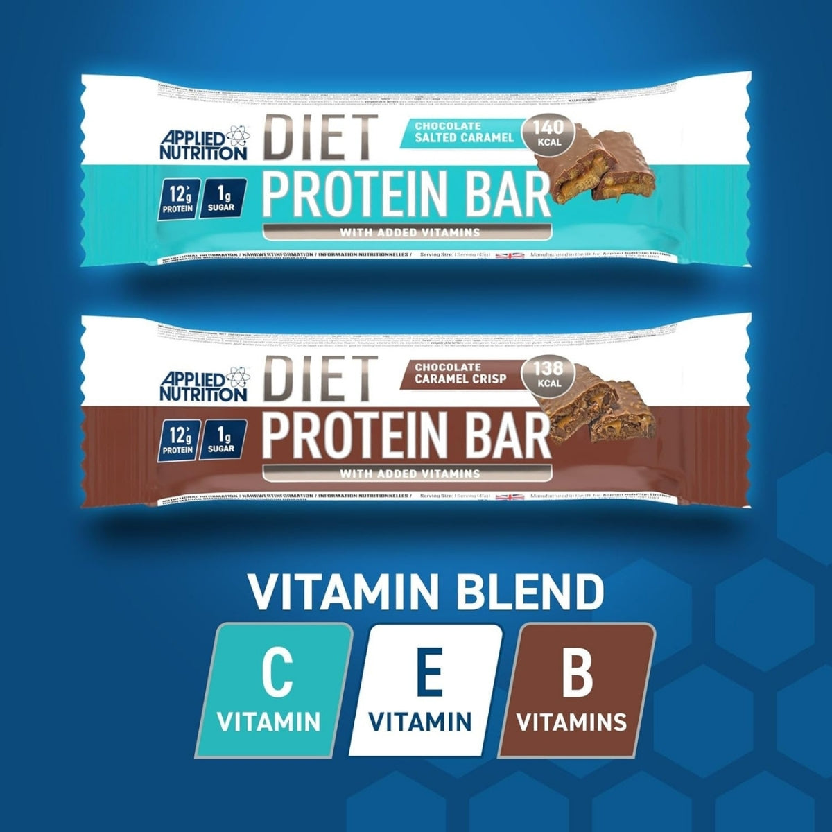 Two Applied Nutrition Diet Protein Bars on a blue background with vitamin blend information.