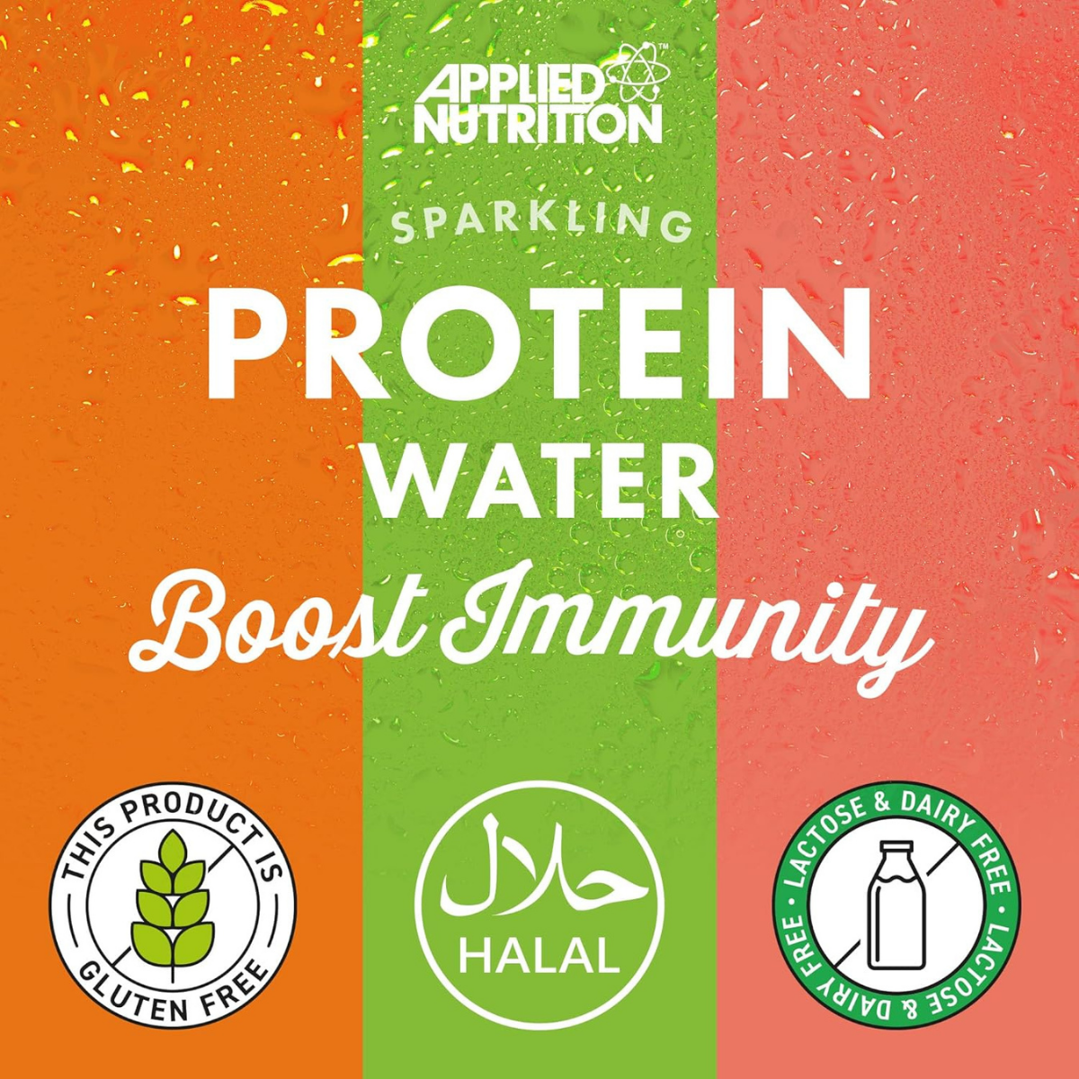 Applied Nutrition sparkling protein water packaging with colorful background and text.