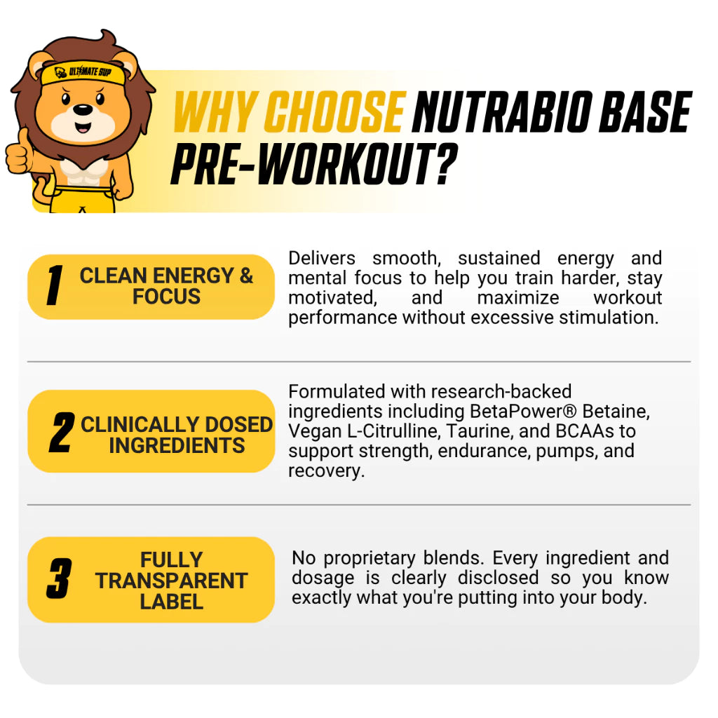 NutraBio Base Pre-Workout Powder, Mental Focus & Energy, Muscle Pumps, Various Flavors, 30 Sers