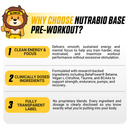 NutraBio Base Pre-Workout Powder, Mental Focus & Energy, Muscle Pumps, Various Flavors, 30 Sers