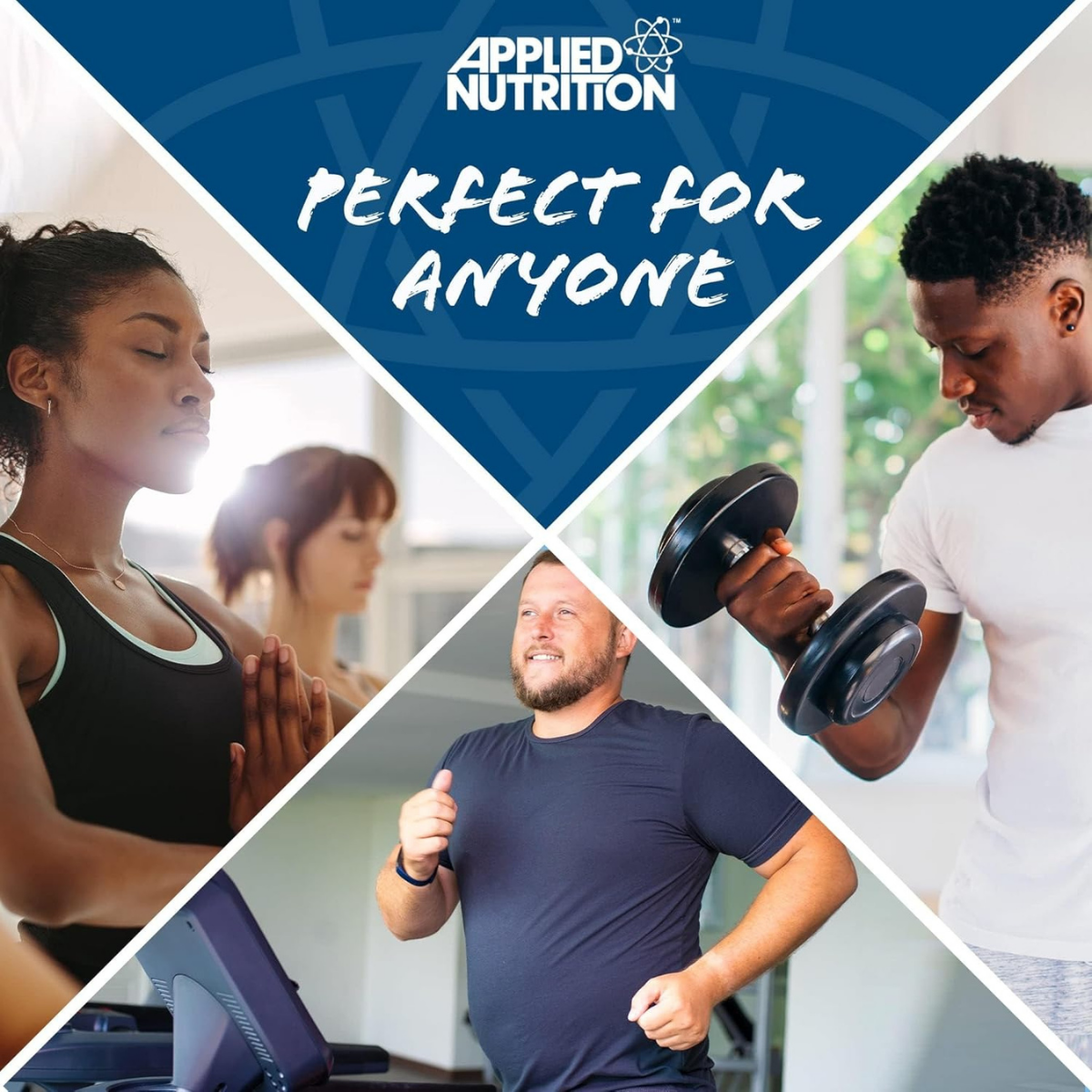 Collage of people exercising with 'Applied Nutrition' branding and text 'Perfect for Anyone'.