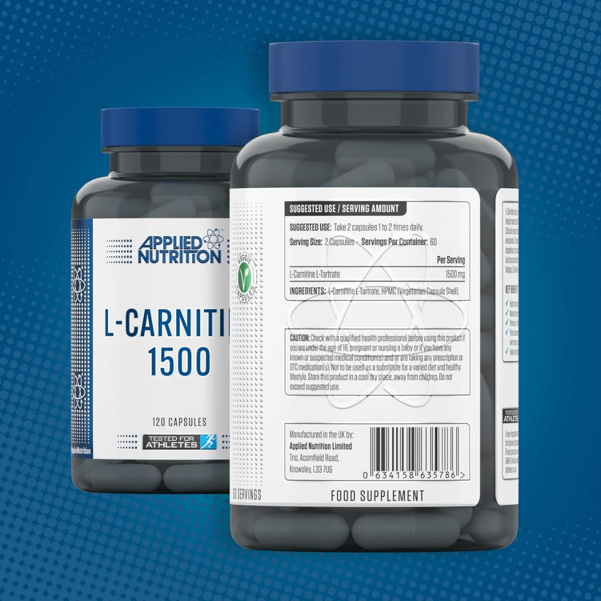 Two Applied Nutrition L-Carnitine 1500 supplement bottles on a blue background