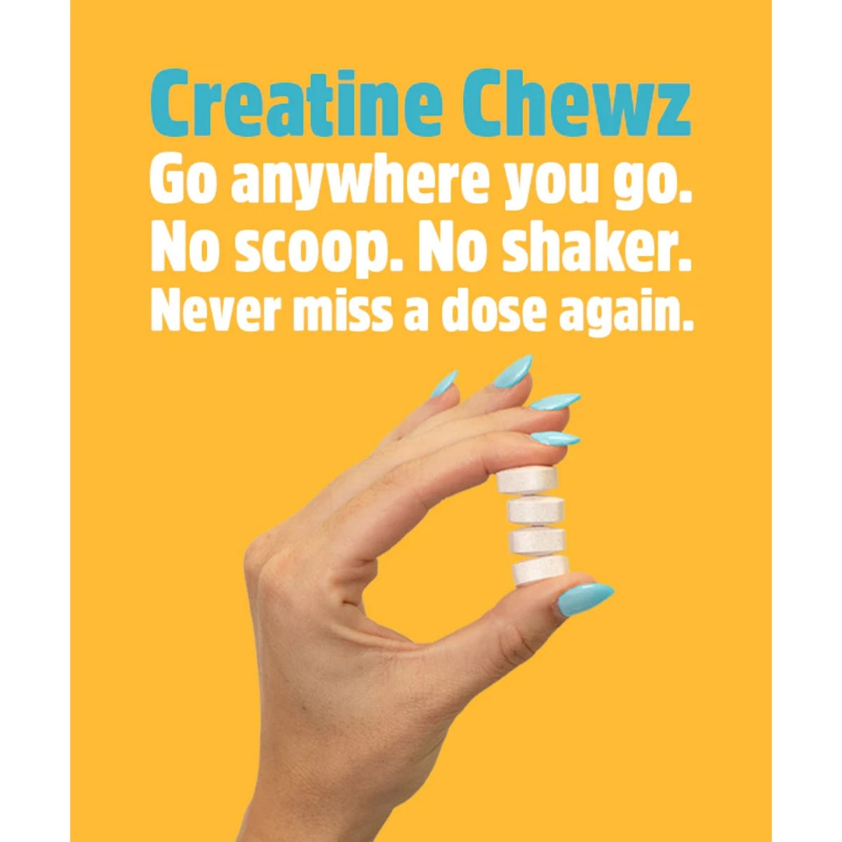 Hand holding Creatine Chewz supplements with promotional text on a yellow background